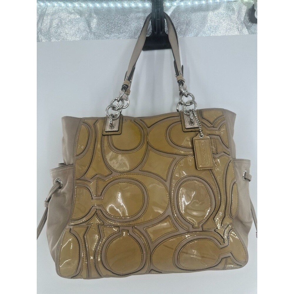 Coach Colette Signature C Overlay Leather Tote Bag Beige Tan 16449 Silver Chain